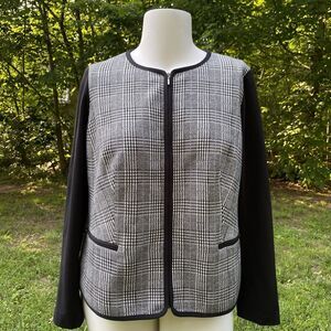 Talbots Zip Up Knit Jacket Blazer Houndstooth Ponte Sleeves Size 16WP Old Money